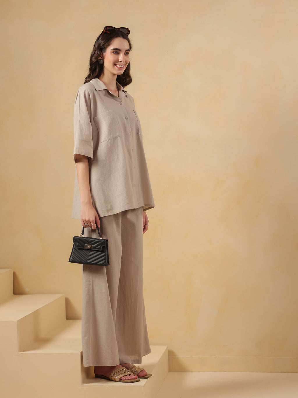 Beige Lapel Collar Pure Cotton Solid Night Suit for Women - SanskrutiHomes 