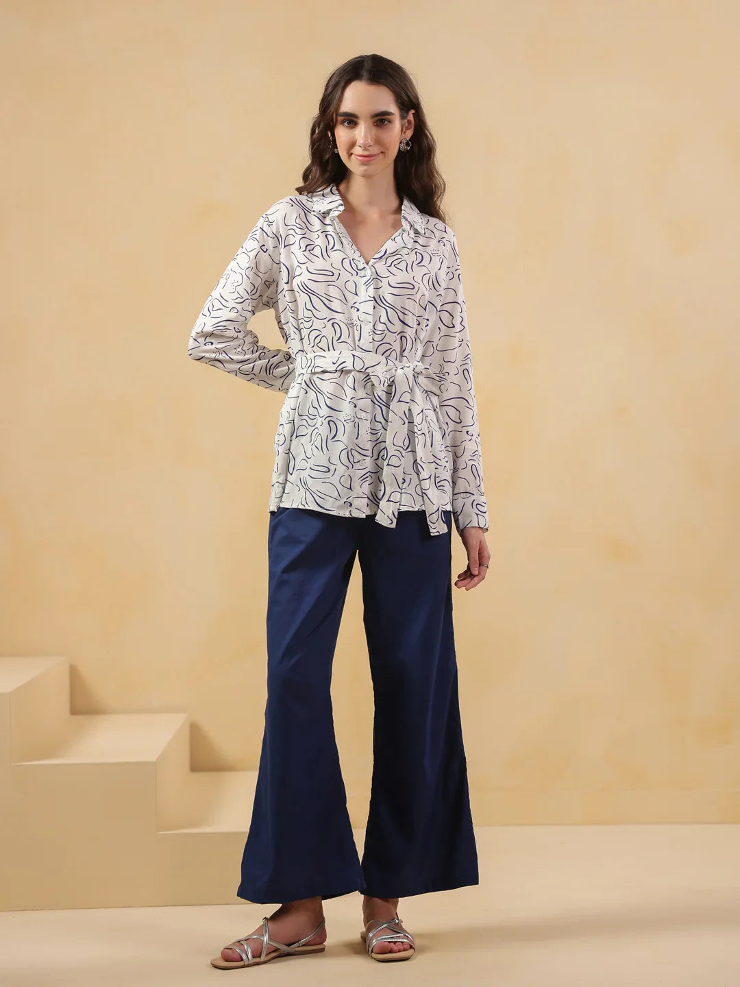 White Shirt Collar Viscose Rayon Shirt Printed Co-ords Set for Women - SanskrutiHomes 