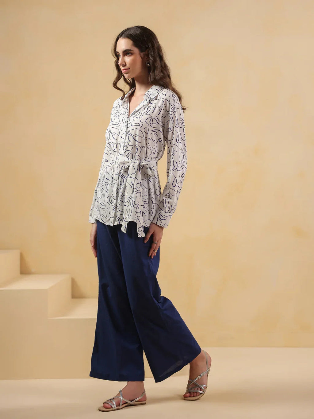 White Shirt Collar Viscose Rayon Shirt Printed Co-ords Set for Women - SanskrutiHomes 