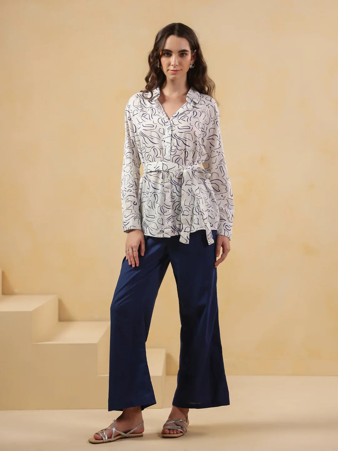 White Shirt Collar Viscose Rayon Shirt Printed Co-ords Set for Women - SanskrutiHomes 