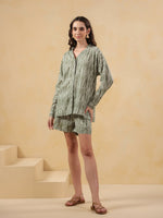 Green Shirt Collar Pure Cotton Printed Night Suit for Women - SanskrutiHomes 