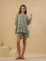 Green Shirt Collar Pure Cotton Printed Night Suit for Women - SanskrutiHomes 