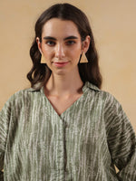 Green Shirt Collar Pure Cotton Printed Night Suit for Women - SanskrutiHomes 
