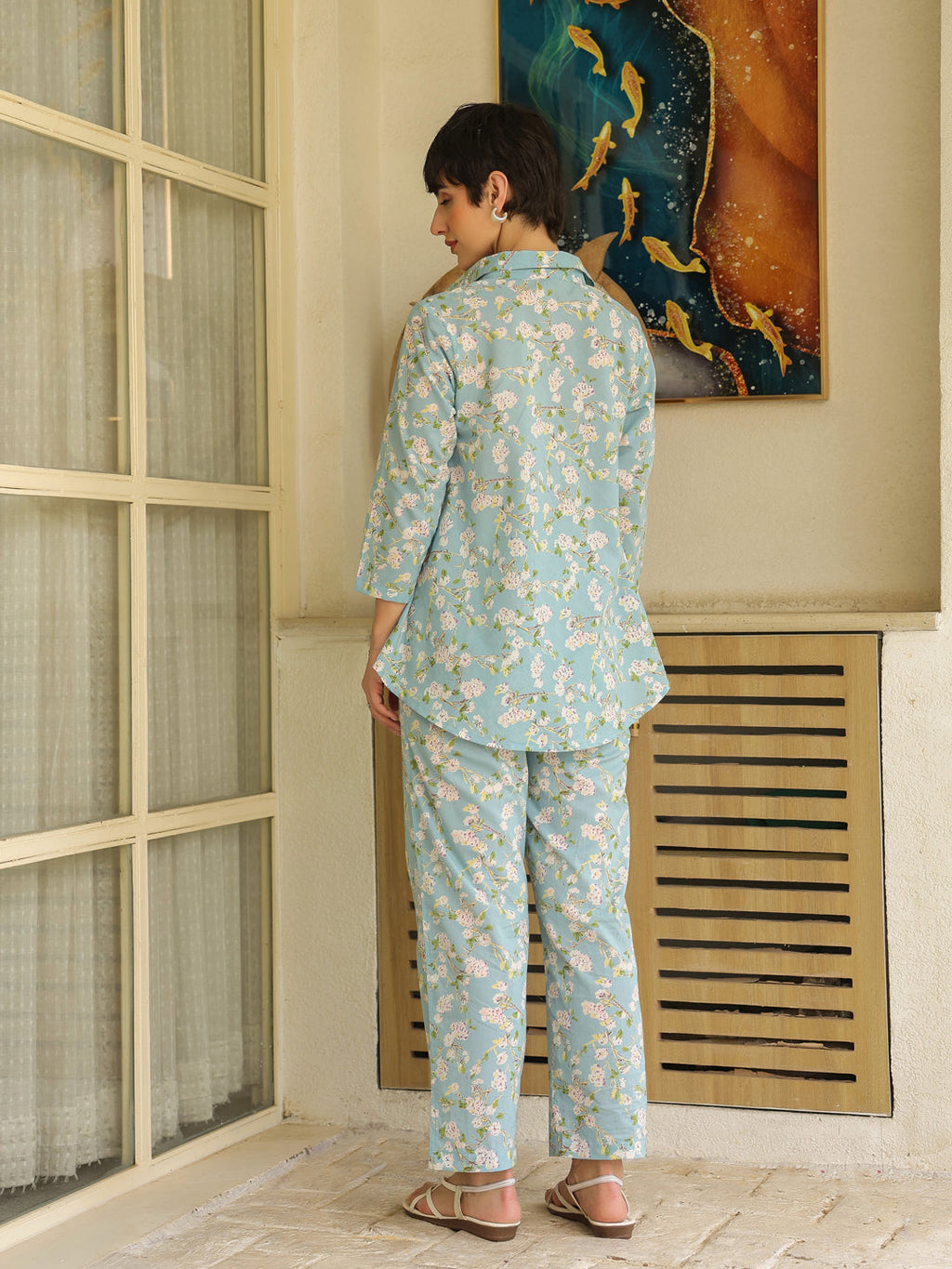 Blue Shirt Collar Pure Cotton Printed Floral Night Suit For Women