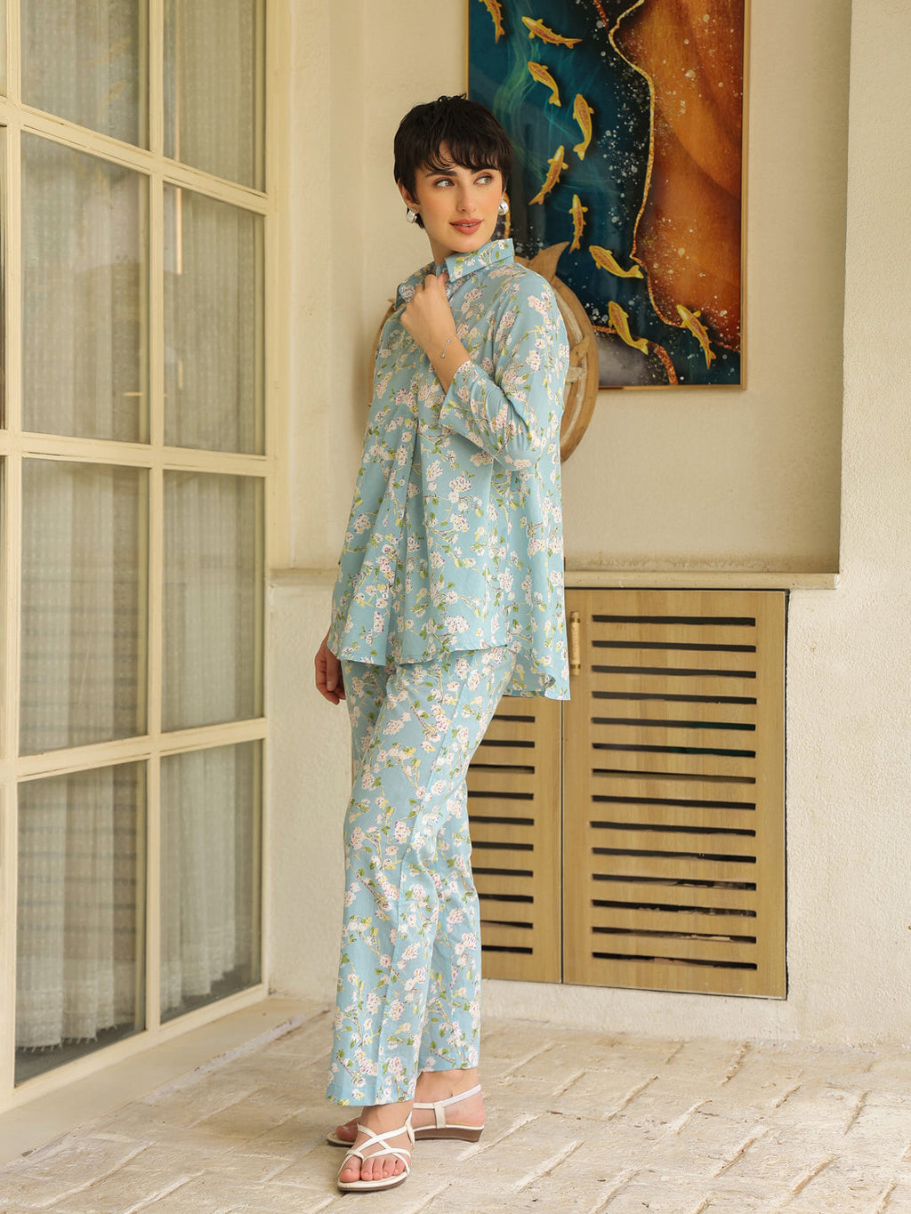 Blue Shirt Collar Pure Cotton Printed Floral Night Suit For Women