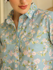 Blue Shirt Collar Pure Cotton Printed Floral Night Suit For Women