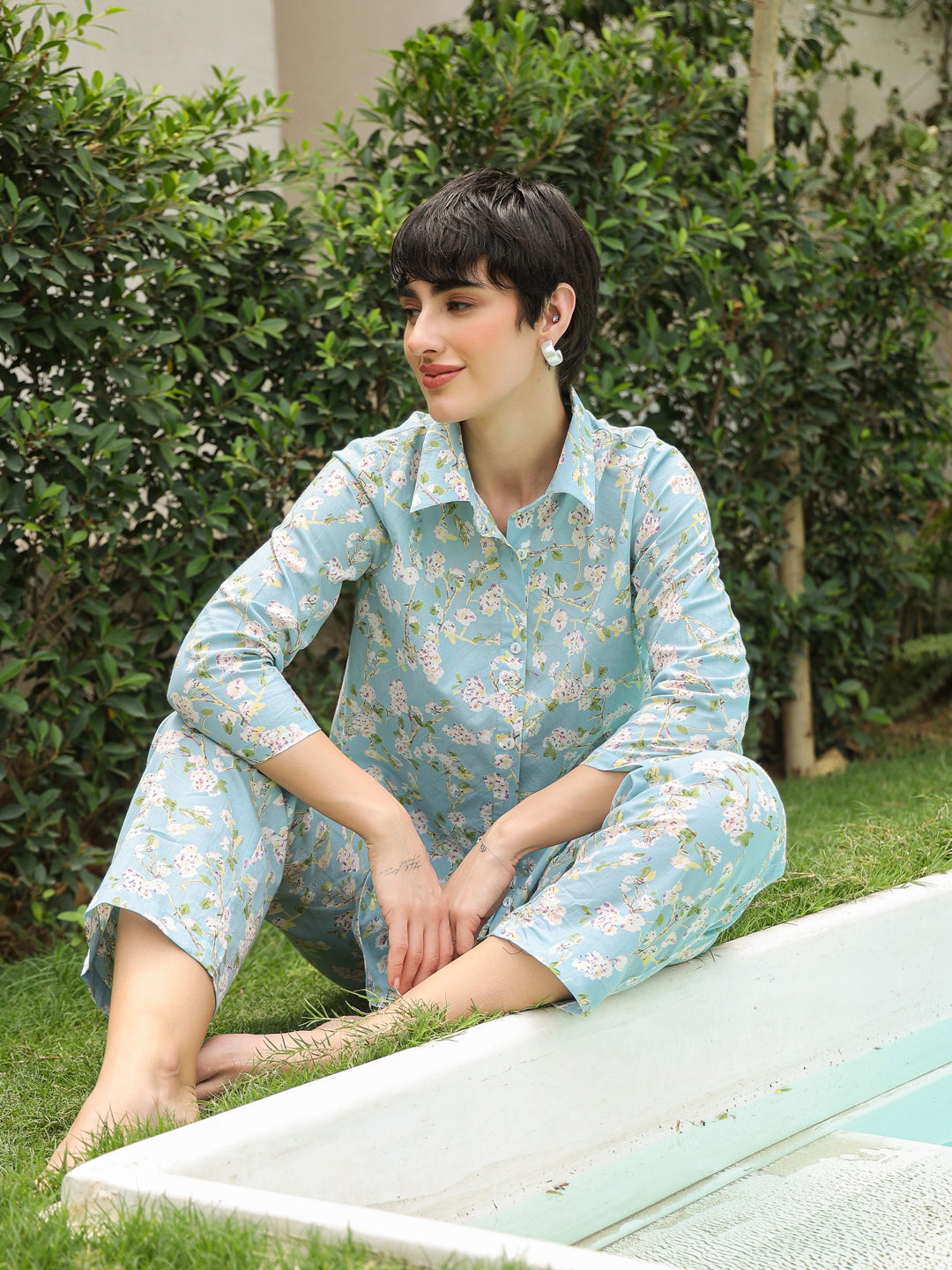 Blue Shirt Collar Pure Cotton Printed Floral Night Suit For Women