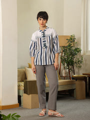 White Mandarin Collar Pure Cotton Top Embroidered Co-Ords Set For Women