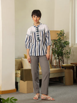 White Mandarin Collar Pure Cotton Top Embroidered Co-Ords Set For Women
