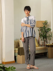 White Mandarin Collar Pure Cotton Top Embroidered Co-Ords Set For Women