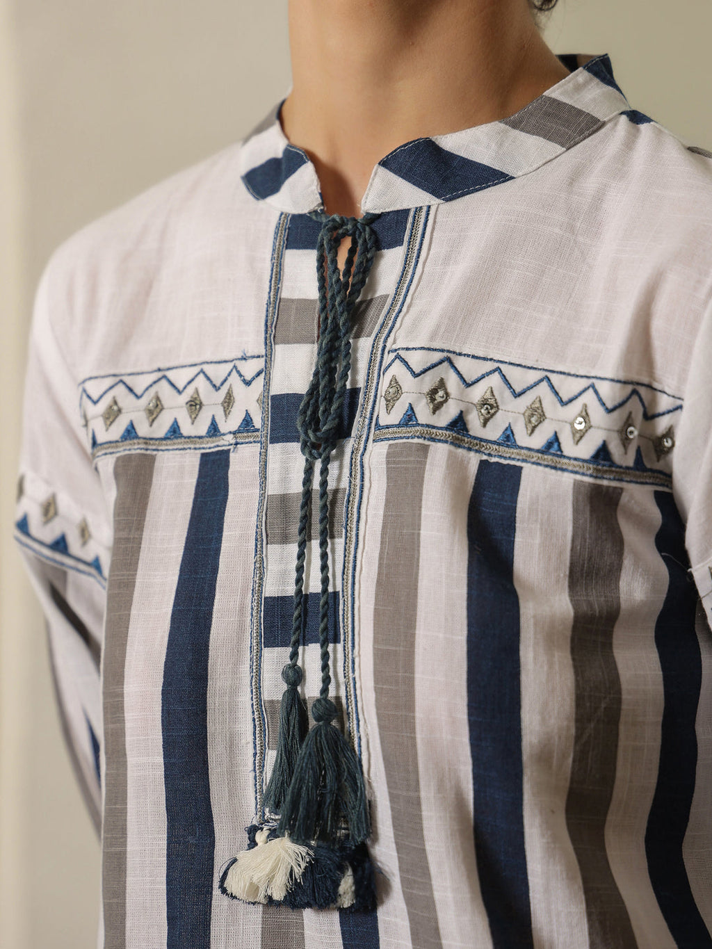 White Mandarin Collar Pure Cotton Top Embroidered Co-Ords Set For Women