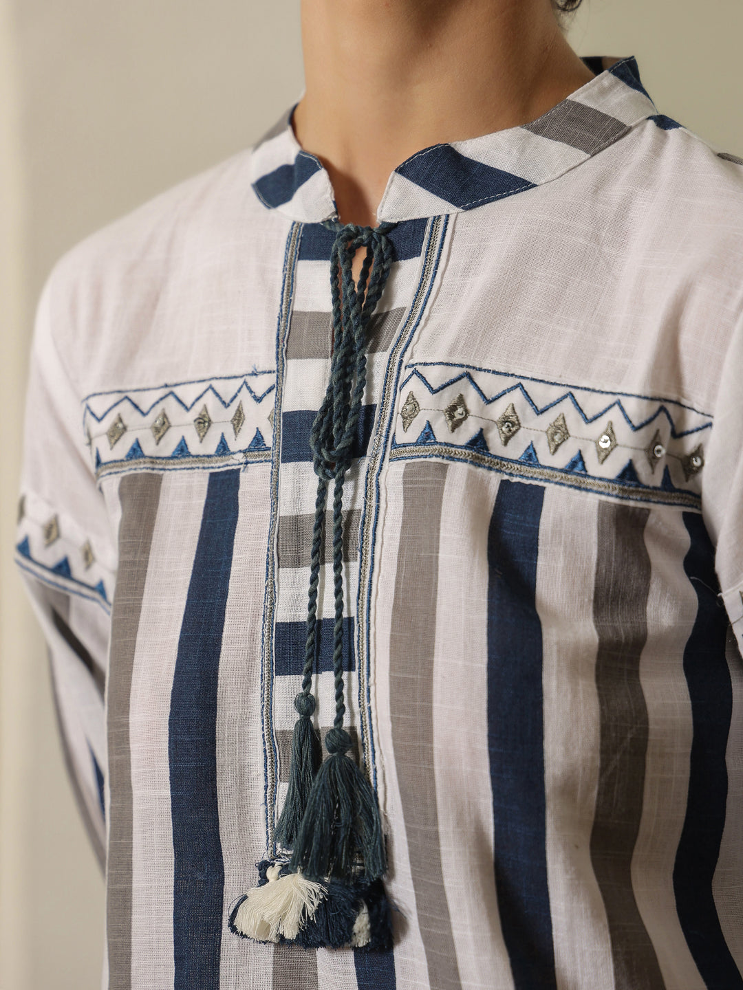 White Mandarin Collar Pure Cotton Top Embroidered Co-Ords Set For Women