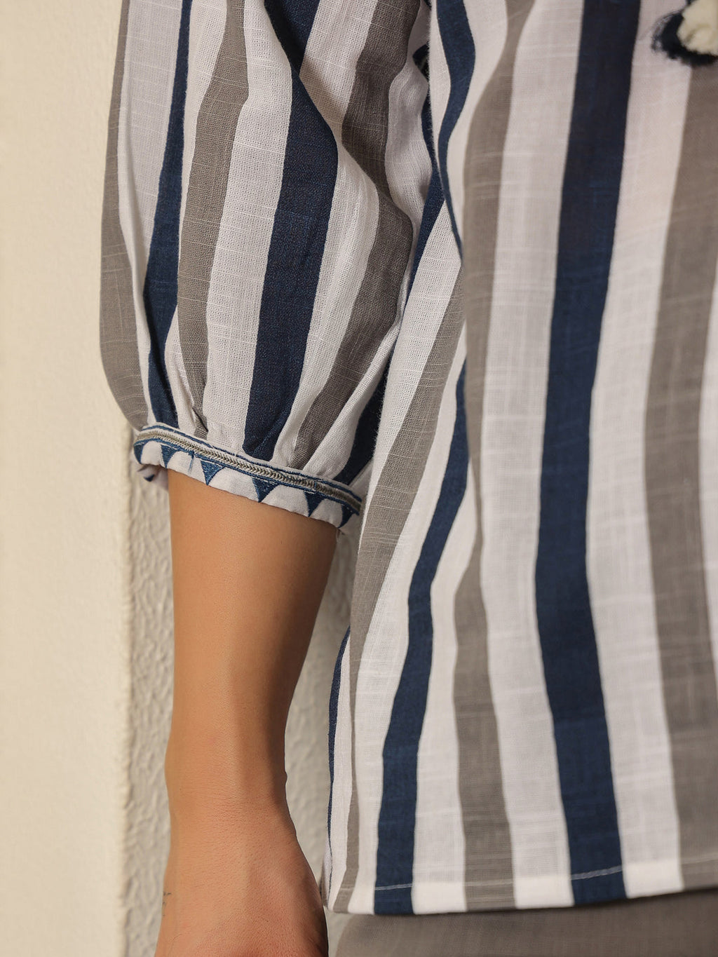 White Mandarin Collar Pure Cotton Top Embroidered Co-Ords Set For Women