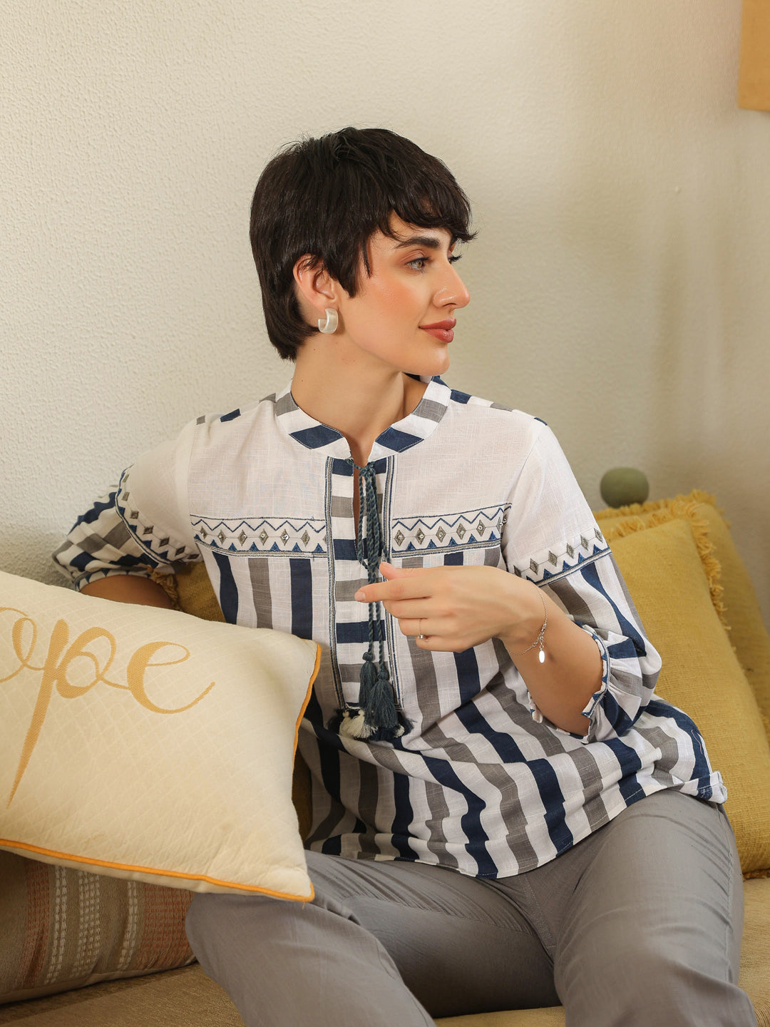 White Mandarin Collar Pure Cotton Top Embroidered Co-Ords Set For Women