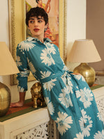 Blue Cotton Printed Shirt Collar Dress for Women - SanskrutiHomes 