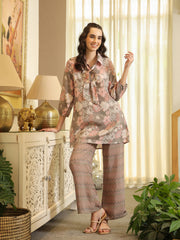 Green Shirt Collar Pure Cotton Tunic Printed Co-Ords Set For Women