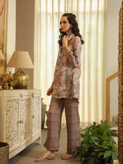 Green Shirt Collar Pure Cotton Tunic Printed Co-Ords Set For Women