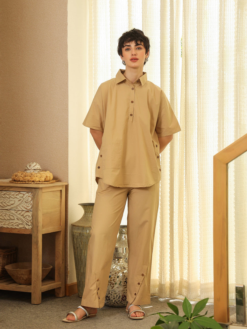 Beige Shirt Collar Pure Cotton Shirt Solid Co-Ords Set For Women