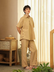 Beige Shirt Collar Pure Cotton Shirt Solid Co-Ords Set For Women