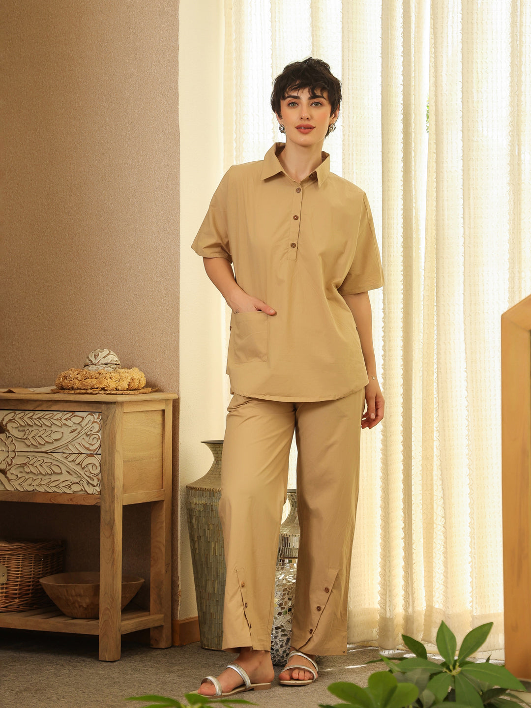 Beige Shirt Collar Pure Cotton Shirt Solid Co-Ords Set For Women