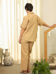 Beige Shirt Collar Pure Cotton Shirt Solid Co-Ords Set For Women