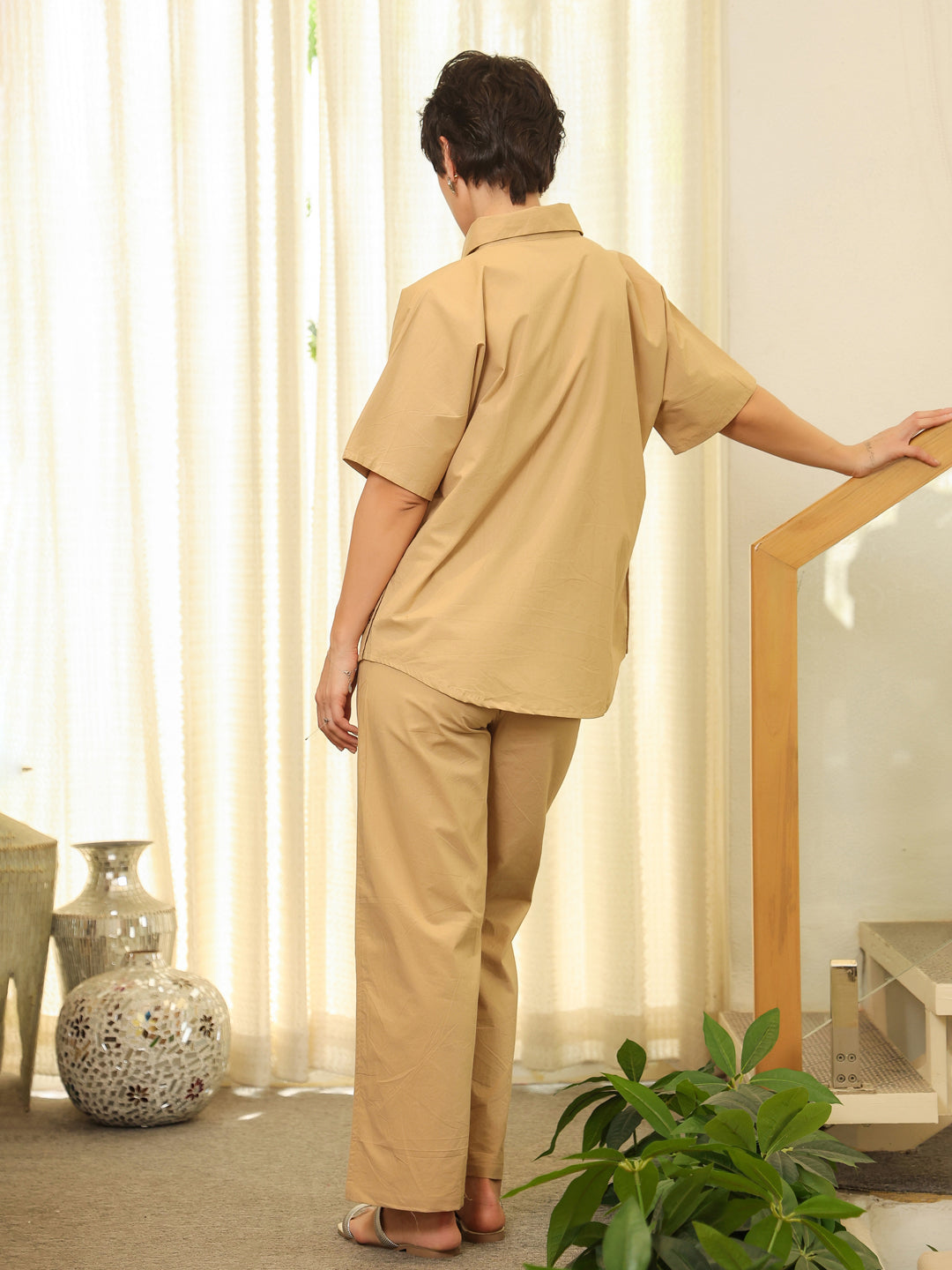 Beige Shirt Collar Pure Cotton Shirt Solid Co-Ords Set For Women