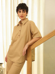 Beige Shirt Collar Pure Cotton Shirt Solid Co-Ords Set For Women