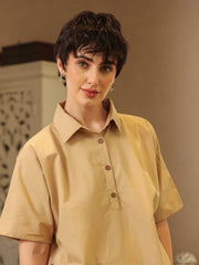 Beige Shirt Collar Pure Cotton Shirt Solid Co-Ords Set For Women