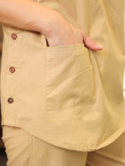 Beige Shirt Collar Pure Cotton Shirt Solid Co-Ords Set For Women