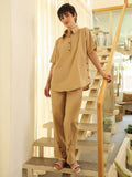 Beige Shirt Collar Pure Cotton Shirt Solid Co-Ords Set For Women