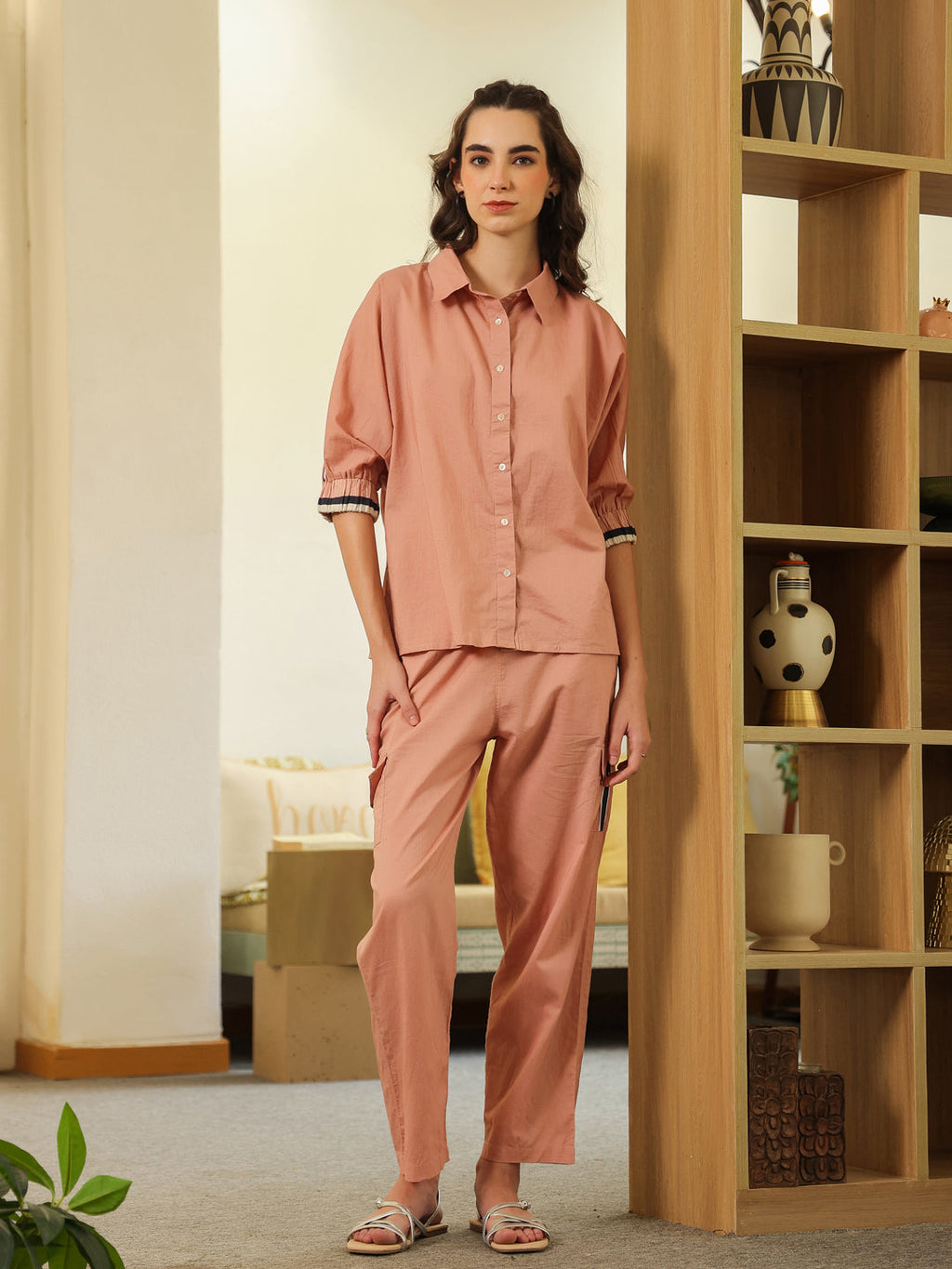 Peach Shirt Collar Pure Cotton Shirt Solid Co-Ords Set For Women