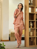 Peach Shirt Collar Pure Cotton Shirt Solid Co-Ords Set For Women