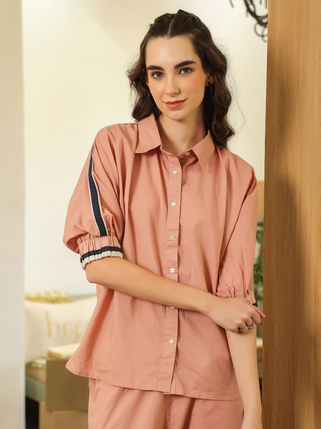 Peach Shirt Collar Pure Cotton Shirt Solid Co-Ords Set For Women