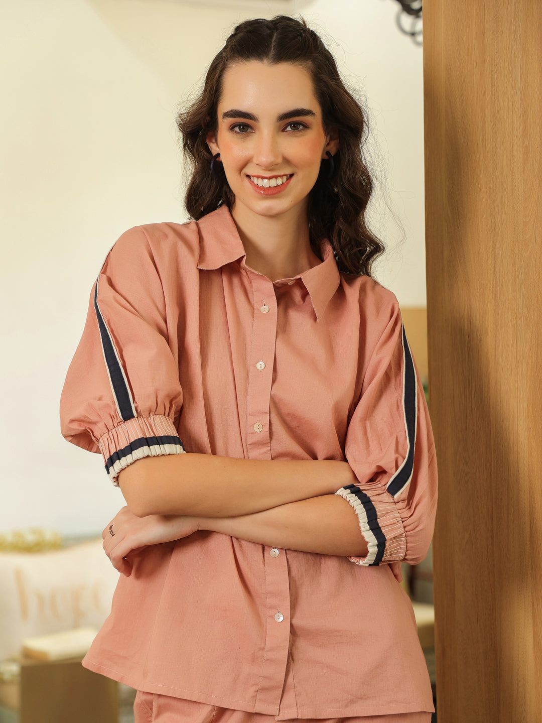 Peach Shirt Collar Pure Cotton Shirt Solid Co-Ords Set For Women