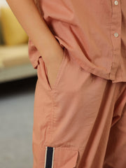 Peach Shirt Collar Pure Cotton Shirt Solid Co-Ords Set For Women