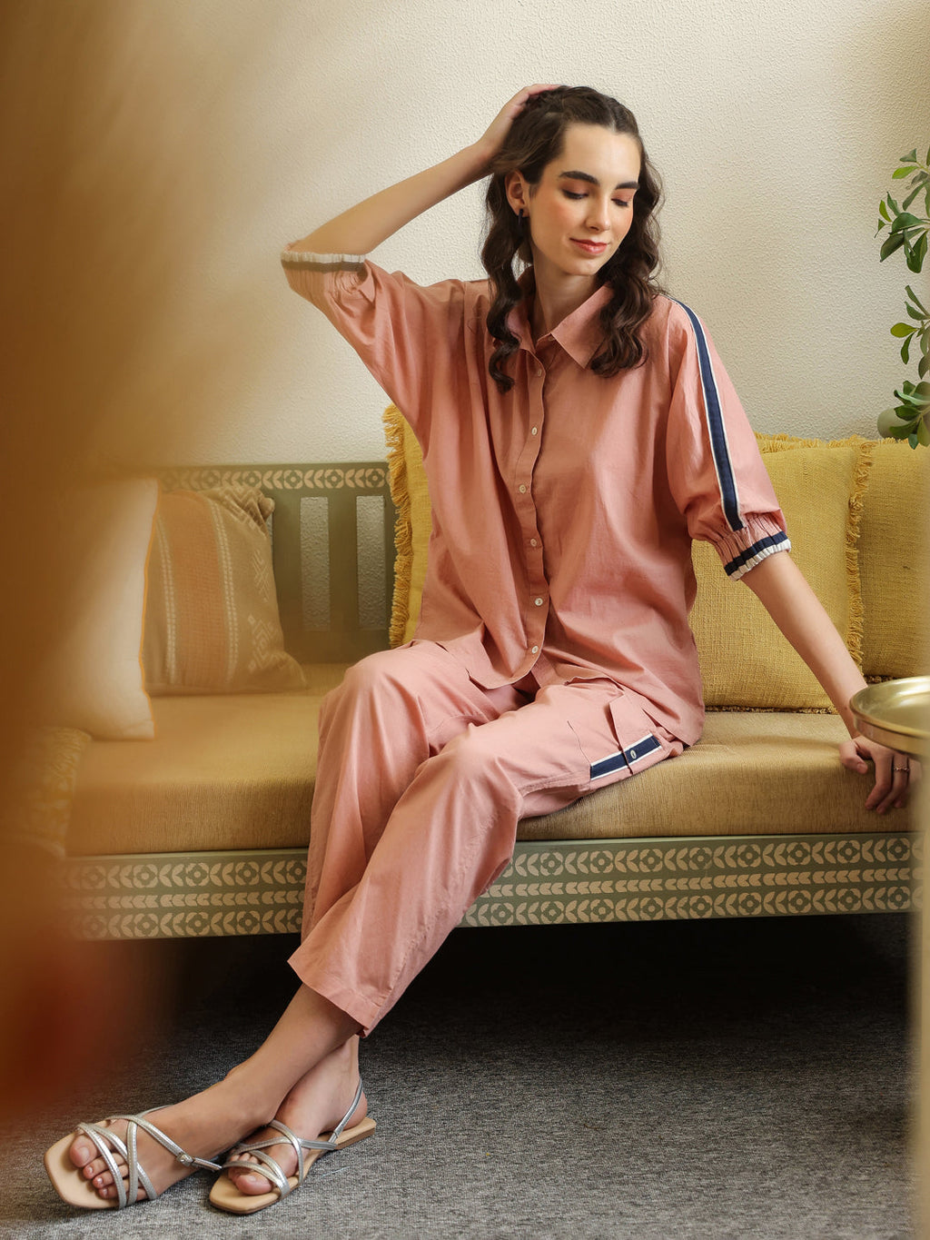 Peach Shirt Collar Pure Cotton Shirt Solid Co-Ords Set For Women