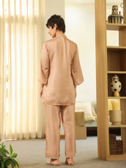 Cream Mandarin Collar Polyester Shirt Printed Co-Ords Set For Women