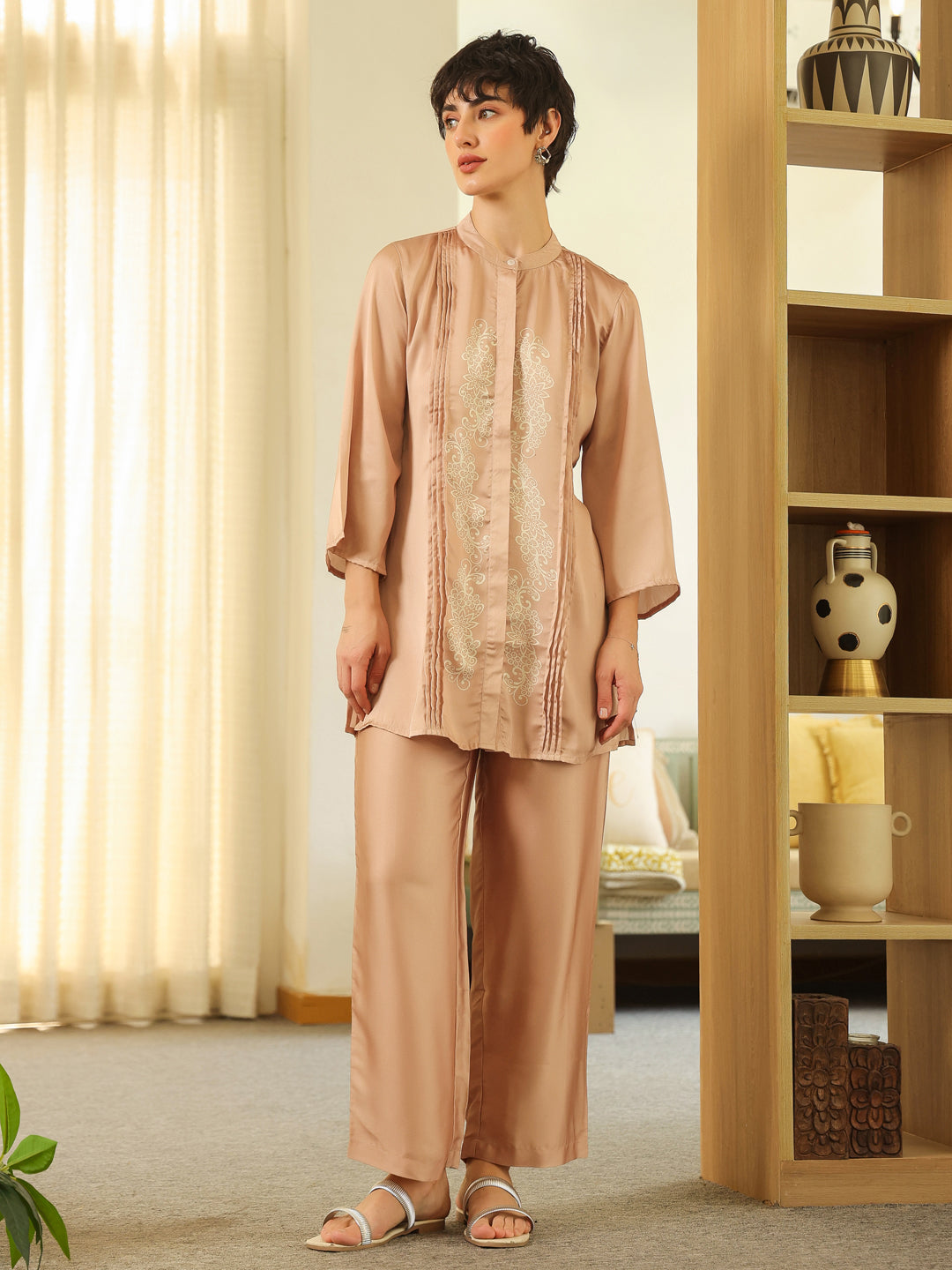 Cream Mandarin Collar Polyester Shirt Printed Co-Ords Set For Women