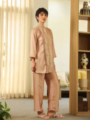 Cream Mandarin Collar Polyester Shirt Printed Co-Ords Set For Women