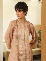 Cream Mandarin Collar Polyester Shirt Printed Co-Ords Set For Women