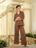 Brown Shirt Collar Viscose Rayon Solid Shirt Co-ords Set for Women - SanskrutiHomes 