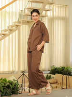 Brown Shirt Collar Viscose Rayon Solid Shirt Co-ords Set for Women - SanskrutiHomes 