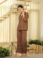 Brown Shirt Collar Viscose Rayon Solid Shirt Co-ords Set for Women - SanskrutiHomes 
