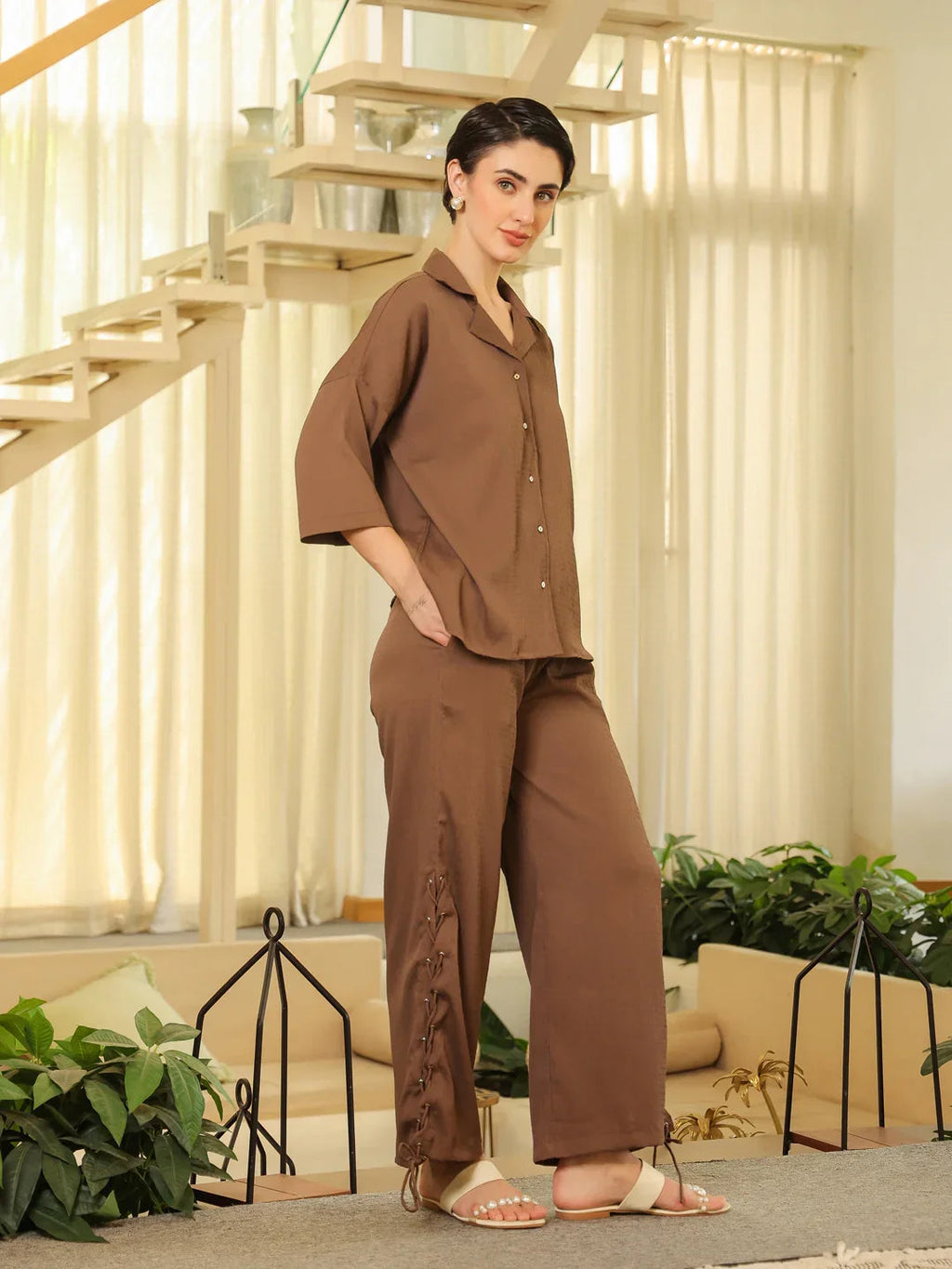 Brown Shirt Collar Viscose Rayon Solid Shirt Co-ords Set for Women - SanskrutiHomes 