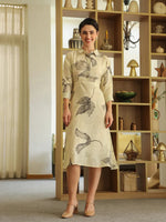 Off White Cotton Printed Shirt Collar Dress for Women - SanskrutiHomes 