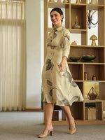 Off White Cotton Printed Shirt Collar Dress for Women - SanskrutiHomes 