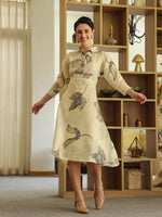 Off White Cotton Printed Shirt Collar Dress for Women - SanskrutiHomes 