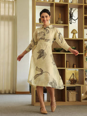 Off White Cotton Printed Shirt Collar Dress for Women - SanskrutiHomes 