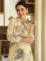 Off White Cotton Printed Shirt Collar Dress for Women - SanskrutiHomes 