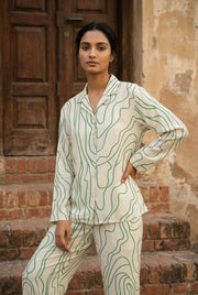 White Shirt Collar Abstract Print Night Suit For Women